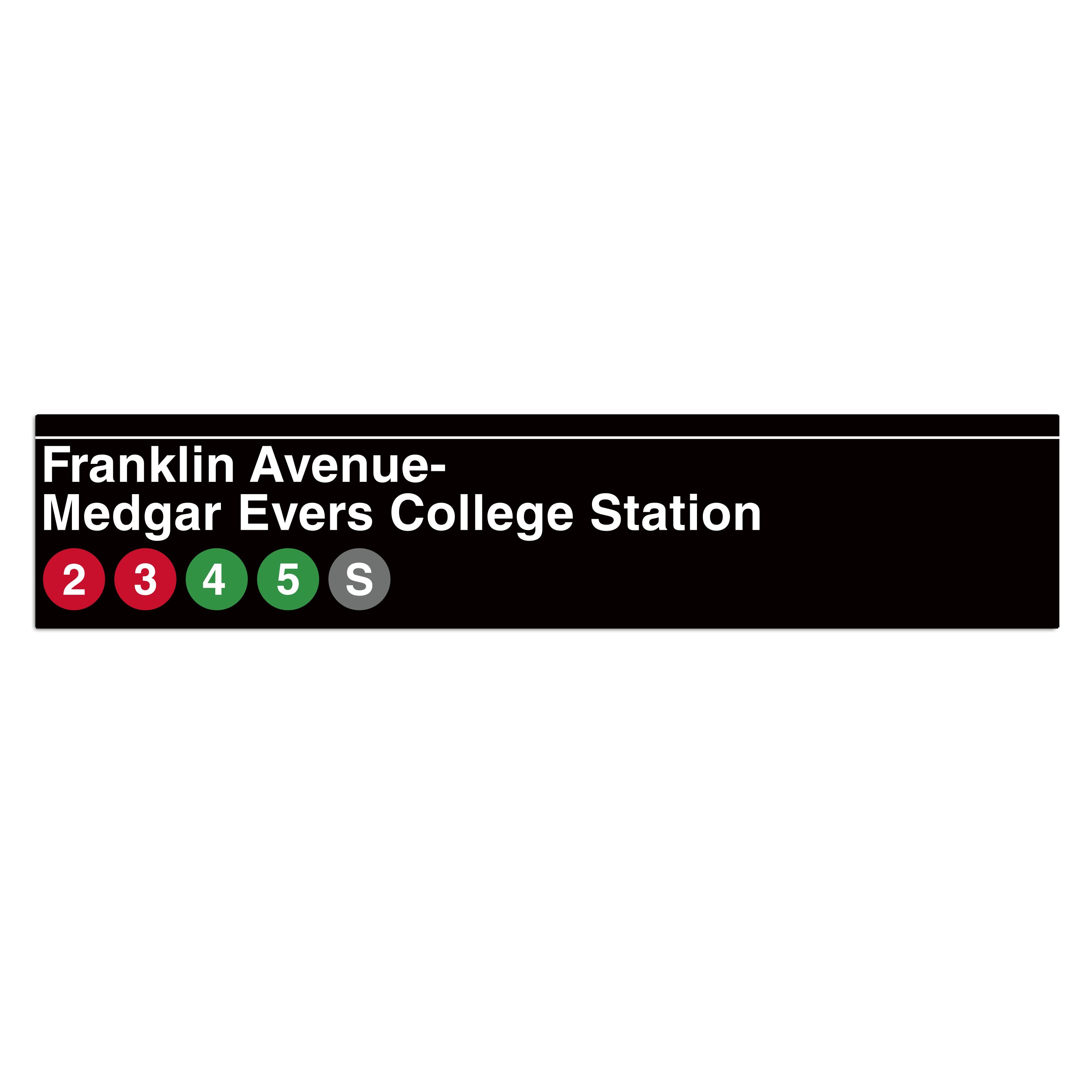 Transit sign for Franklin Avenue-Medgar Evers College Station with route numbers on a white background